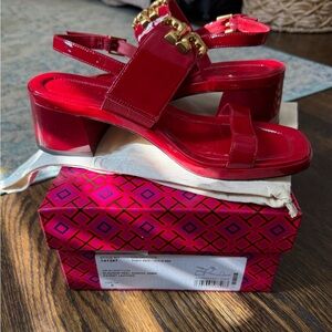 Tory Burch Eleanor Heel Sandals 55MM Red/ Gold NEW 8